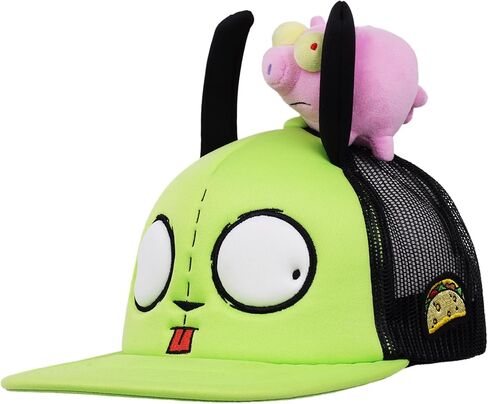 قبعة بيسبول Invader Zim Flying Pig Plush Skater، قبعة Snapback لشخصية Gir مع خنزير قطيفة ثلاثي الأبعاد، أخضر نيون وأسود in Saudi Arabia
