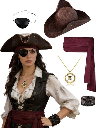 5pcs Pirate Costume Accessories Set With Leather Pirate Hat Eye Patch,Necklaces,Bracelet,Belt for Men Women in Saudi Arabia