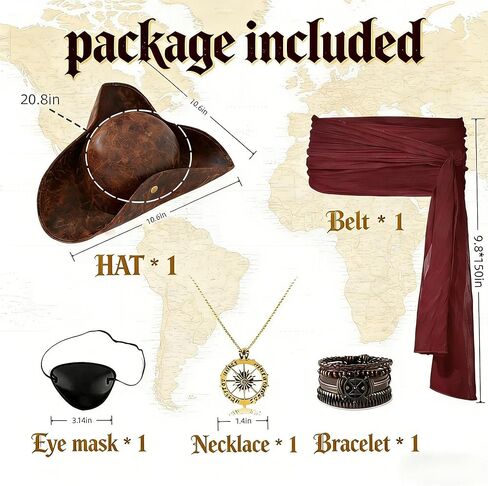 5pcs Pirate Costume Accessories Set With Leather Pirate Hat Eye Patch,Necklaces,Bracelet,Belt for Men Women in Saudi Arabia