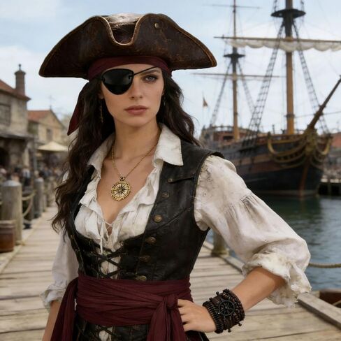 5pcs Pirate Costume Accessories Set With Leather Pirate Hat Eye Patch,Necklaces,Bracelet,Belt for Men Women in Saudi Arabia