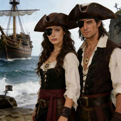 5pcs Pirate Costume Accessories Set With Leather Pirate Hat Eye Patch,Necklaces,Bracelet,Belt for Men Women in Saudi Arabia