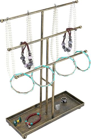 MyGift 3 Tier Brass Metal T-Bar Jewelry Organizer Stand, Necklace and Bracelet Hanging Display with Ring Tray in Saudi Arabia