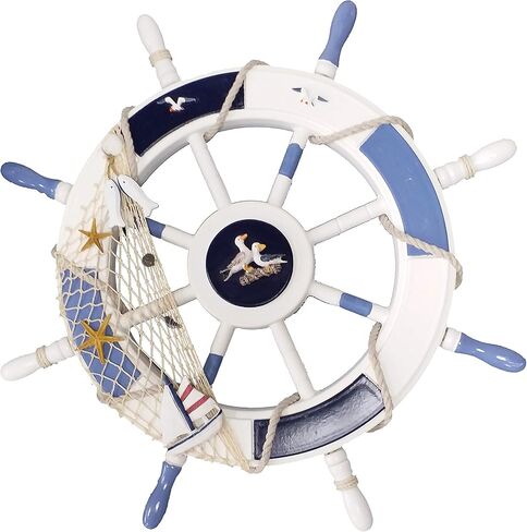 ديكور حائط على شكل عجلة سفينة بحرية من WENDIN، 18 بوصة، أبيض وفيروزي، موضوع الشاطئ مع أصداف بحرية وشبكة سمك (نورس 18 بوصة) in Kuwait