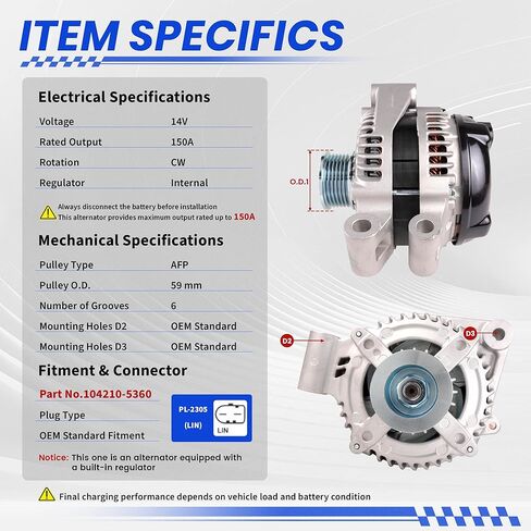 High Output Alternator for-Jaguar F-Pace F-Type XE XF XFR XFR-S XJ XJR XJR575 XK XKR XKR-S for-Land Rover LR4 for-Range Roverl, OE 104210-5360, 6-Groove Pulley 12V 150A in Saudi Arabia