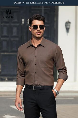 HISDERN 515 Mens Dress Shirts Long Sleeve Wrinkle Free Formal Shirt Stripe Business Casual Button Down Shirts in Saudi Arabia