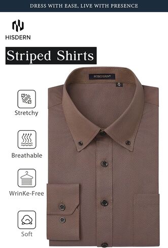HISDERN 515 Mens Dress Shirts Long Sleeve Wrinkle Free Formal Shirt Stripe Business Casual Button Down Shirts in Saudi Arabia