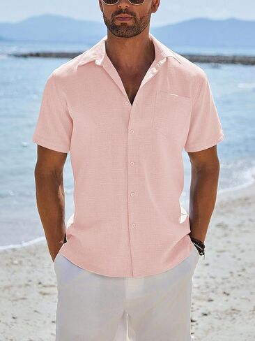 Men's Casual Short Sleeve Button Down Shirts Summer Vacation Shirt Lightweight Textured Shirts in Saudi Arabia