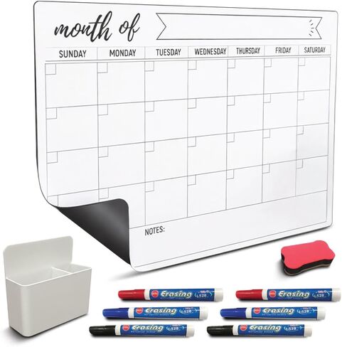 Magnetic Fridge Calendar 15" x 12" – Dry Erase Fridge Calendar with Full-Back Magnet, Monthly Refrigerator Planner Board with Magnetic Pen Holder, 6 Markers & Eraser, Reusable Kitchen Organizer in Kuwait