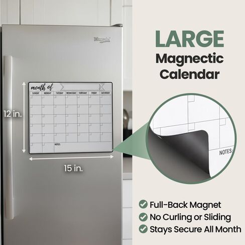 Magnetic Fridge Calendar 15" x 12" – Dry Erase Fridge Calendar with Full-Back Magnet, Monthly Refrigerator Planner Board with Magnetic Pen Holder, 6 Markers & Eraser, Reusable Kitchen Organizer in Kuwait