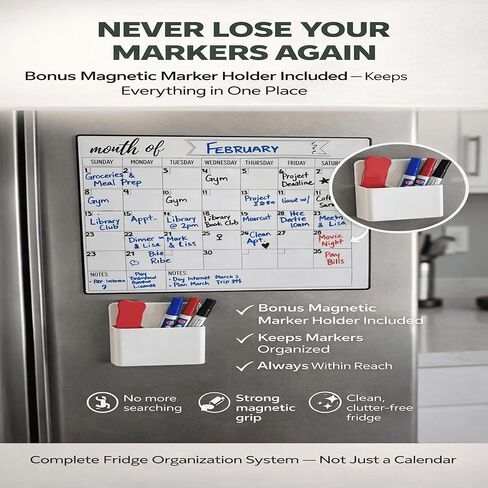 Magnetic Fridge Calendar 15" x 12" – Dry Erase Fridge Calendar with Full-Back Magnet, Monthly Refrigerator Planner Board with Magnetic Pen Holder, 6 Markers & Eraser, Reusable Kitchen Organizer in Kuwait