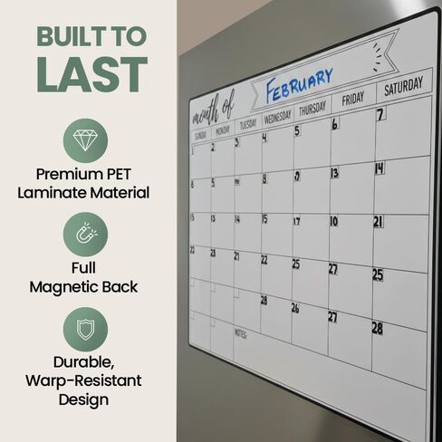 Magnetic Fridge Calendar 15" x 12" – Dry Erase Fridge Calendar with Full-Back Magnet, Monthly Refrigerator Planner Board with Magnetic Pen Holder, 6 Markers & Eraser, Reusable Kitchen Organizer in Kuwait