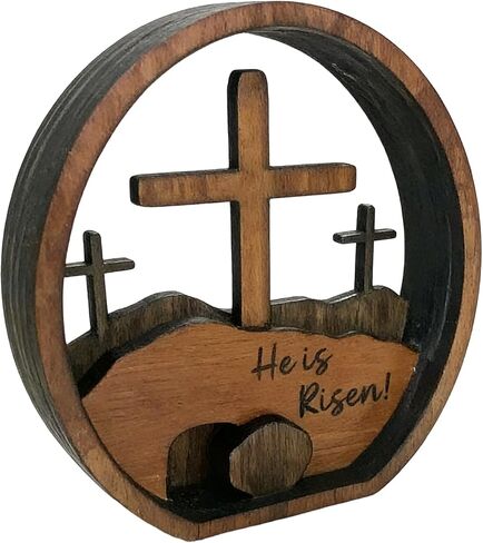 Christian Easter Decoration,Wooden Artwork Sign He is Risen,Empty Tomb Easter Scene and Cross Decoration,Jesus Resurrection Decor,Table Sign and Family Gatherings Festival Ornament in Kuwait