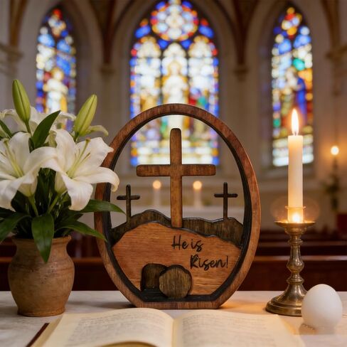 Christian Easter Decoration,Wooden Artwork Sign He is Risen,Empty Tomb Easter Scene and Cross Decoration,Jesus Resurrection Decor,Table Sign and Family Gatherings Festival Ornament in Kuwait