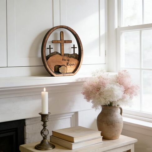 Christian Easter Decoration,Wooden Artwork Sign He is Risen,Empty Tomb Easter Scene and Cross Decoration,Jesus Resurrection Decor,Table Sign and Family Gatherings Festival Ornament in Kuwait