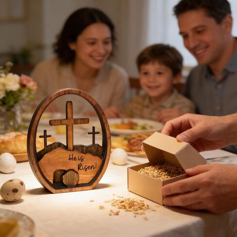 Christian Easter Decoration,Wooden Artwork Sign He is Risen,Empty Tomb Easter Scene and Cross Decoration,Jesus Resurrection Decor,Table Sign and Family Gatherings Festival Ornament in Kuwait
