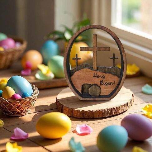 Christian Easter Decoration,Wooden Artwork Sign He is Risen,Empty Tomb Easter Scene and Cross Decoration,Jesus Resurrection Decor,Table Sign and Family Gatherings Festival Ornament in Kuwait