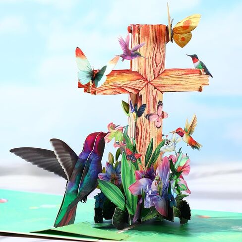 Teling Religious Card Pop up Cross Mother's Day Christian Sympathy Card with Envelope Hummingbirds, Flower, and Butterflies Greeting Design 8 ''x 6'' Baptism Confirmations Easter Holiday Keepsake in Saudi Arabia