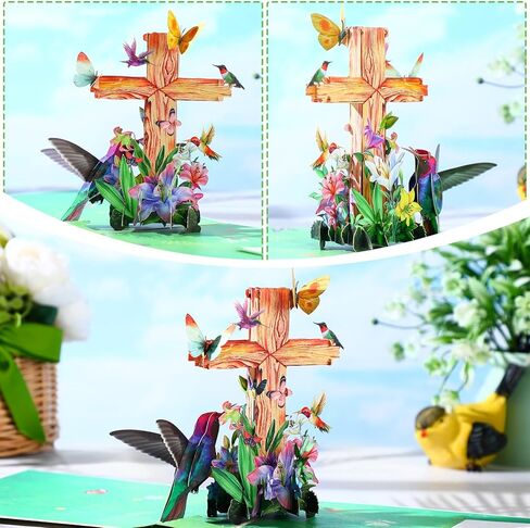 Teling Religious Card Pop up Cross Mother's Day Christian Sympathy Card with Envelope Hummingbirds, Flower, and Butterflies Greeting Design 8 ''x 6'' Baptism Confirmations Easter Holiday Keepsake in Saudi Arabia