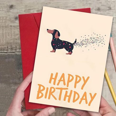 7.1" x 4.7" Dachshund Birthday Card with Confetti Tail - 300GSM Premium Folded Card & Envelope | Cute Cartoon Dog Greeting Card for Birthday Wishes (Happy Birthday Text)​ in Saudi Arabia