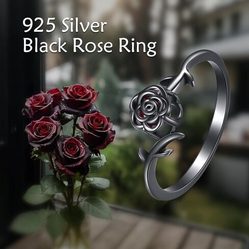 Black Rose Ring Sterling Silver Goth Black Rose Flower Ring for Women Gothic Jewelry for Women-Size 7 in Kuwait