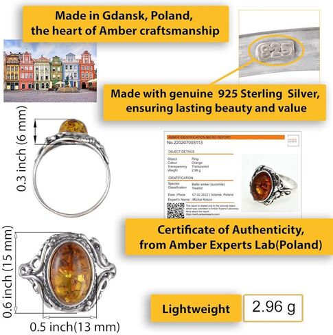 HolidayGiftShops Baltic Honey Amber Ring for Women in 925 Sterling Silver, Genuine Natural Amber Jewelry, Elegant Everyday Ring in Saudi Arabia