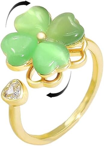Dtja Heart Clover Rotating Statement Ring for Women Gold Plated Adjustable Crystal Love Green Cat's Eye Shamrock Flower Leaf Open Wrap Anxiety Rings Comfort Fit Luck Holiday Wedding Jewelry Gift in Saudi Arabia