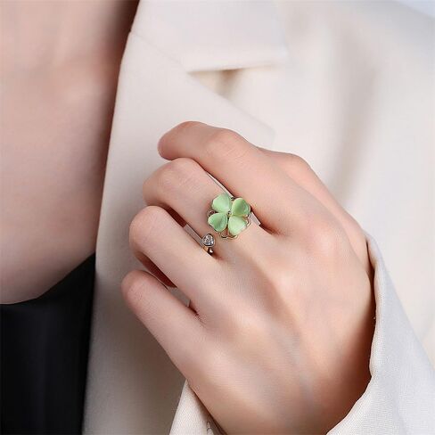 Dtja Heart Clover Rotating Statement Ring for Women Gold Plated Adjustable Crystal Love Green Cat's Eye Shamrock Flower Leaf Open Wrap Anxiety Rings Comfort Fit Luck Holiday Wedding Jewelry Gift in Saudi Arabia