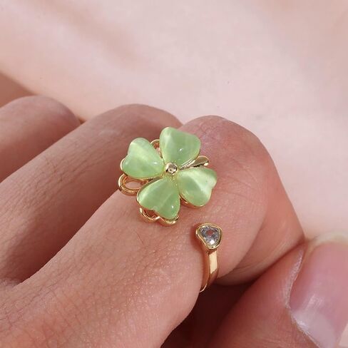 Dtja Heart Clover Rotating Statement Ring for Women Gold Plated Adjustable Crystal Love Green Cat's Eye Shamrock Flower Leaf Open Wrap Anxiety Rings Comfort Fit Luck Holiday Wedding Jewelry Gift in Saudi Arabia