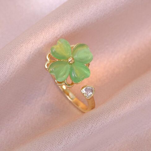Dtja Heart Clover Rotating Statement Ring for Women Gold Plated Adjustable Crystal Love Green Cat's Eye Shamrock Flower Leaf Open Wrap Anxiety Rings Comfort Fit Luck Holiday Wedding Jewelry Gift in Saudi Arabia
