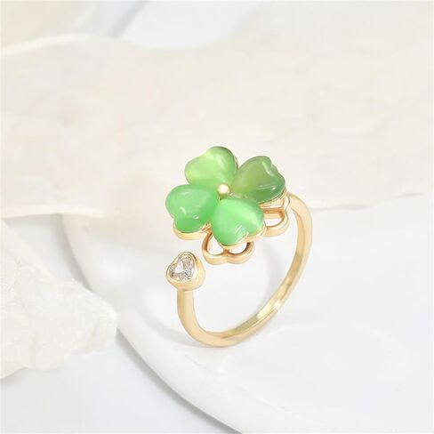 Dtja Heart Clover Rotating Statement Ring for Women Gold Plated Adjustable Crystal Love Green Cat's Eye Shamrock Flower Leaf Open Wrap Anxiety Rings Comfort Fit Luck Holiday Wedding Jewelry Gift in Saudi Arabia