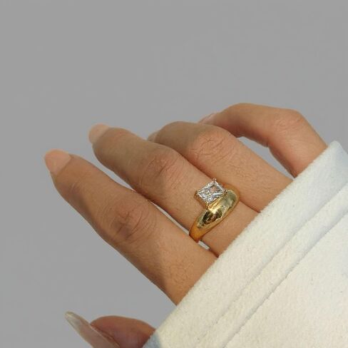 18K Yellow Gold-Plated Dome Ring with Cubic Zirconia Emerald-Cut, 9mm – Bold Cocktail Ring for Women in Saudi Arabia