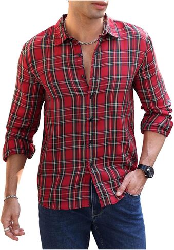Men's Plaid Shirt Checkered Long Sleeve Collared Button Down Casual Shirts in Kuwait