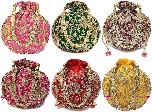 Indian Ethnic Potli Bag Ladies Handbag Purse for Bridal Batwa Pearls Handle Purse Clutch Purse for Women, Girls in Kuwait