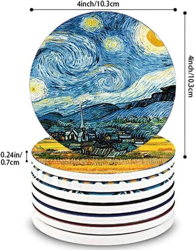 4 Inch Round Marble Coasters, Van Gogh Art Painting Style Beverage Coasters with Storage Rack 8-Piece Set in Saudi Arabia