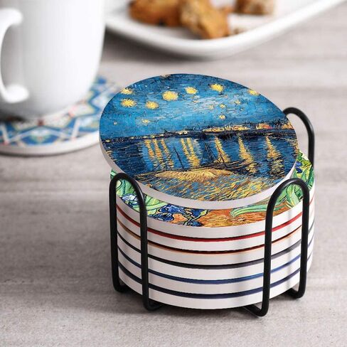 4 Inch Round Marble Coasters, Van Gogh Art Painting Style Beverage Coasters with Storage Rack 8-Piece Set in Saudi Arabia