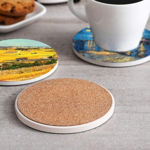 4 Inch Round Marble Coasters, Van Gogh Art Painting Style Beverage Coasters with Storage Rack 8-Piece Set in Saudi Arabia