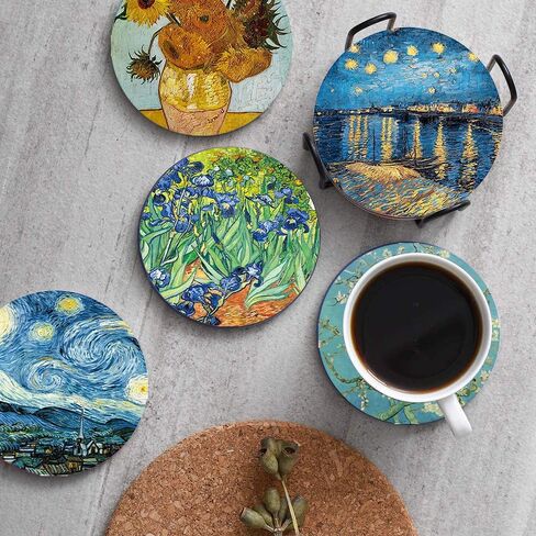 4 Inch Round Marble Coasters, Van Gogh Art Painting Style Beverage Coasters with Storage Rack 8-Piece Set in Saudi Arabia