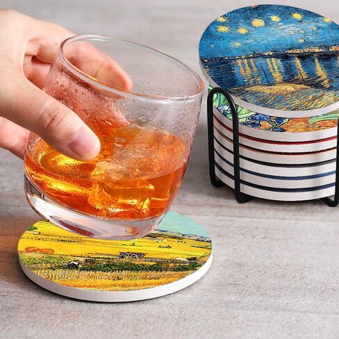 4 Inch Round Marble Coasters, Van Gogh Art Painting Style Beverage Coasters with Storage Rack 8-Piece Set in Saudi Arabia