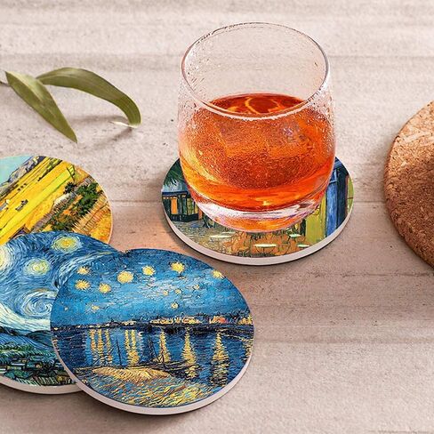 4 Inch Round Marble Coasters, Van Gogh Art Painting Style Beverage Coasters with Storage Rack 8-Piece Set in Saudi Arabia