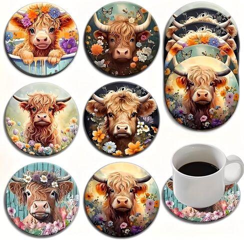 5 Pcs Highland Cow Cup Mat,Non-Slip Coaster Pads for Bar, Kitchen, Dining Room, Unique Housewarming Gifts for Home Decor（AB-070） in Saudi Arabia
