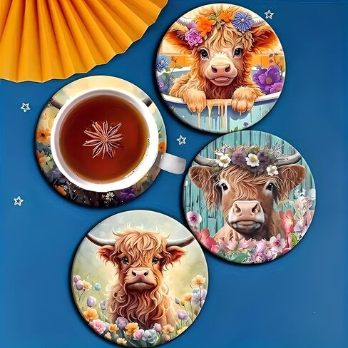 5 Pcs Highland Cow Cup Mat,Non-Slip Coaster Pads for Bar, Kitchen, Dining Room, Unique Housewarming Gifts for Home Decor（AB-070） in Saudi Arabia