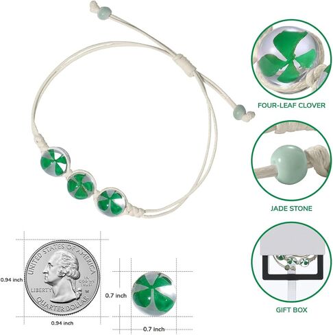 سوار Lucky Clover للنساء - مجوهرات البرسيم ذات الأربع أوراق مصنوعة يدويًا، سوار ساحر أخضر قابل للتعديل - هدية عيد القديس باتريك، إكسسوار الحظ الأيرلندي للارتداء اليومي in Kuwait