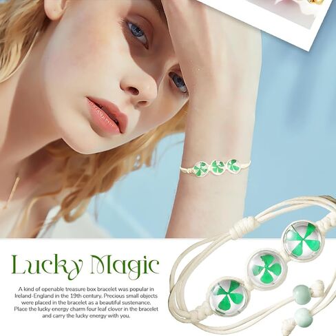 سوار Lucky Clover للنساء - مجوهرات البرسيم ذات الأربع أوراق مصنوعة يدويًا، سوار ساحر أخضر قابل للتعديل - هدية عيد القديس باتريك، إكسسوار الحظ الأيرلندي للارتداء اليومي in Kuwait