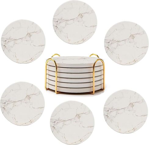 4 Inch Round Marble Coasters, Van Gogh Art Painting Style Beverage Coasters with Storage Rack 8-Piece Set in Saudi Arabia