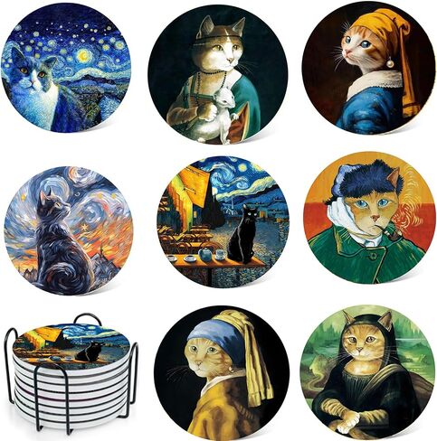 4 Inch Round Marble Coasters, Van Gogh Art Painting Style Beverage Coasters with Storage Rack 8-Piece Set in Saudi Arabia