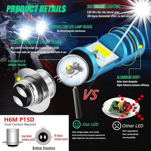 2 قطعة 9-48 فولت ATV LED لمبات بيضاء، 1800LM Hi-Lo Beam 4COBs H6M P15D LED لمبات للدراجات النارية أو Y amaha، ATVS Y FM350 450 400 660 700 Raptor. in Kuwait