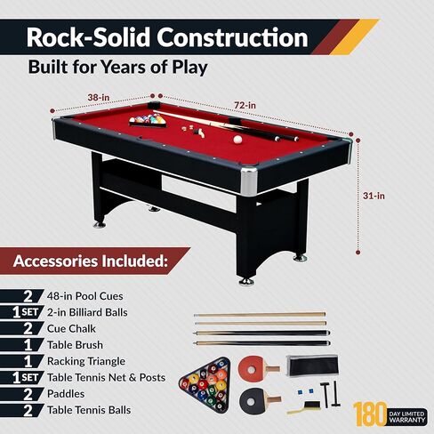 Hathaway Spartan 6 Ft Pool Table, with Ping Pong Multi Game Combo Tables for Family Recreation Game Rooms - Includes Billiard Balls, Cues, Paddles, Brush & More in Kuwait