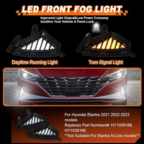 LED Front Bumper Fog Light Compatible with Hyundai Elantra 2021~2023 (Not fit N-line) DRL Indicator Light White Daytime Running Light | Amber Turn signal lamp, Replaces# HY1038168, HY1039168 in Kuwait