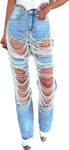 Womens Pearl Rhinestone Denim Jeans High Waist Distressed Straight Leg Stretch Distressed Denim Pants in Kuwait