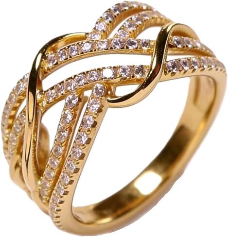 خاتم زفاف من Ganquya Infinity Knot Cube Zirconia للنساء، خاتم متقاطع واسع النطاق 18 خاتم وعد مطلي بالذهب الأصفر لمجموعة مجوهرات Eternity Bands (8) in Kuwait